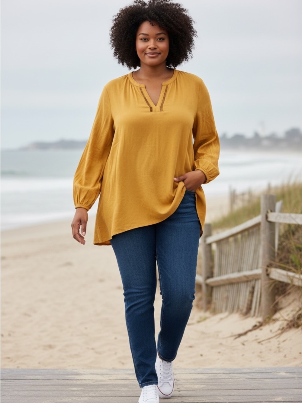 Plus-Size Boho Coastal Cottagecore Relaxed Fit Split-Neck Long Sleeve Tunic Top